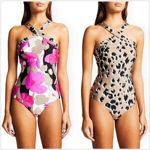 Trina Turk Lynx Reversible High Neck One Piece Swimsuit Floral Animal New NWT 12